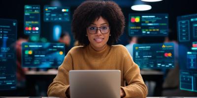 femme assise devant son ordinateur sur un site de banque en ligne